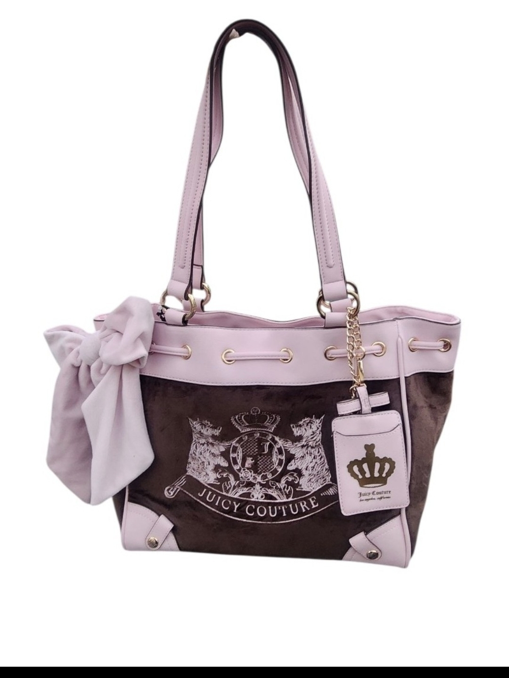 Juicy Couture Pink and Brown Tote with Bow and Crest Charm